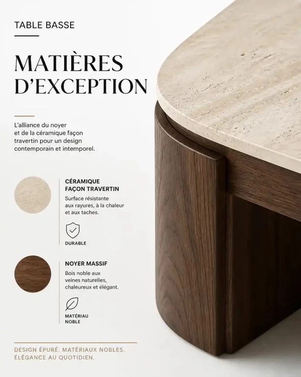 Table basse noyer et plateau en céramique style contemporain