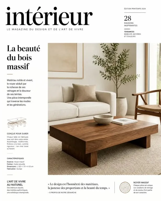 Table basse noyer massif dans un salon scandinave épuré
