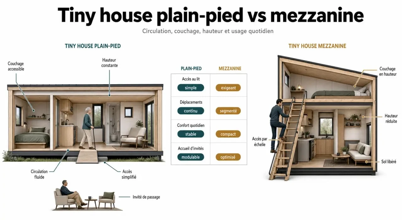 Comparatif tiny house plain pied et modèle avec mezzanine, illustrant accessibilité et confort