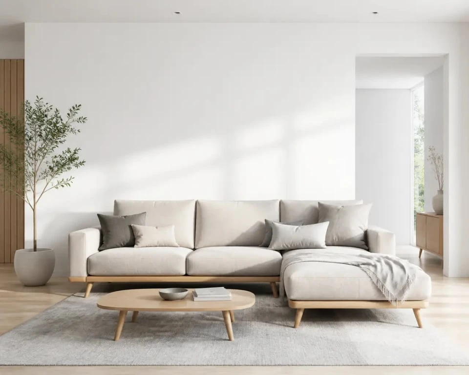 Canapé scandinave dans un salon lumineux au style nordique