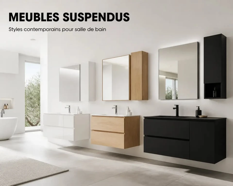 Styles de meuble salle de bain suspendu en blanc, bois et noir