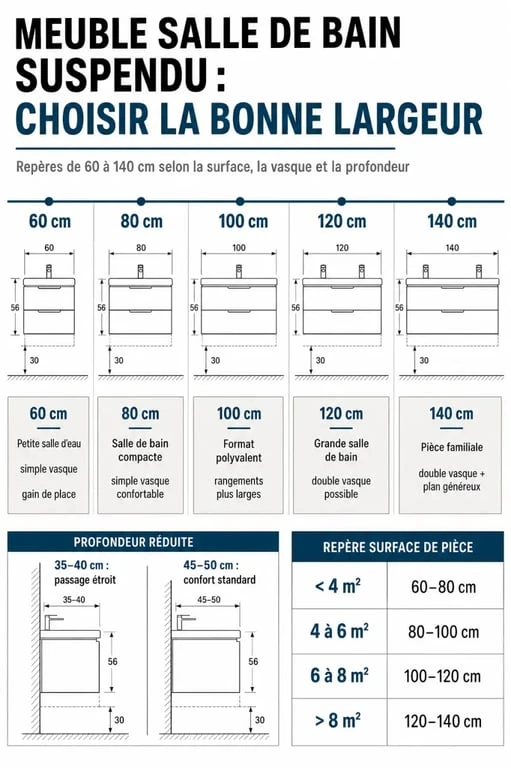 Tailles de meuble salle de bain suspendu de 60 à 140 cm selon la pièce
