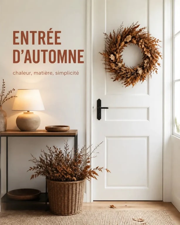 Décoration automne dans une entrée avec couronne, panier de branches et lampe chaude