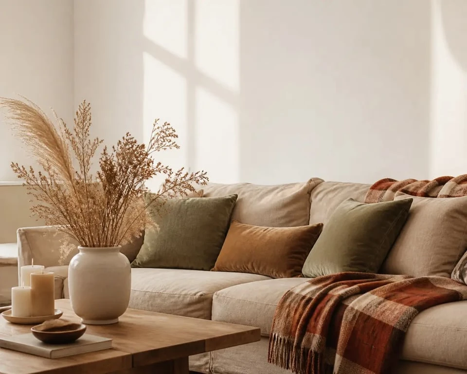 Décoration automne dans un salon cosy avec plaid, coussins en velours et lumière dorée