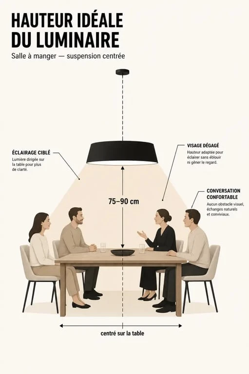 Repères de hauteur et de centrage pour un luminaire salle à manger au-dessus de la table