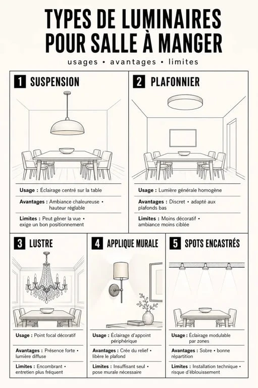 Comparatif de luminaire salle à manger entre suspension, plafonnier, lustre, applique murale et spots encastrés