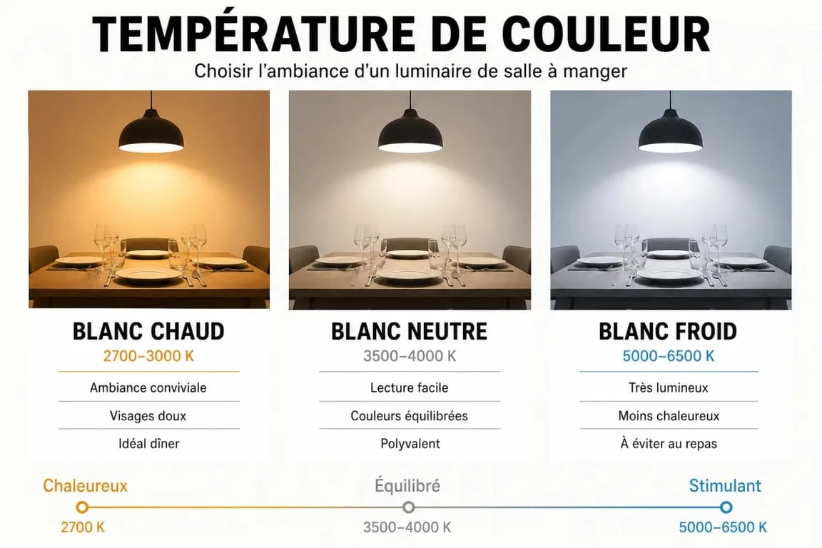 Guide visuel des températures de couleur pour un luminaire salle à manger en blanc chaud, neutre et froid