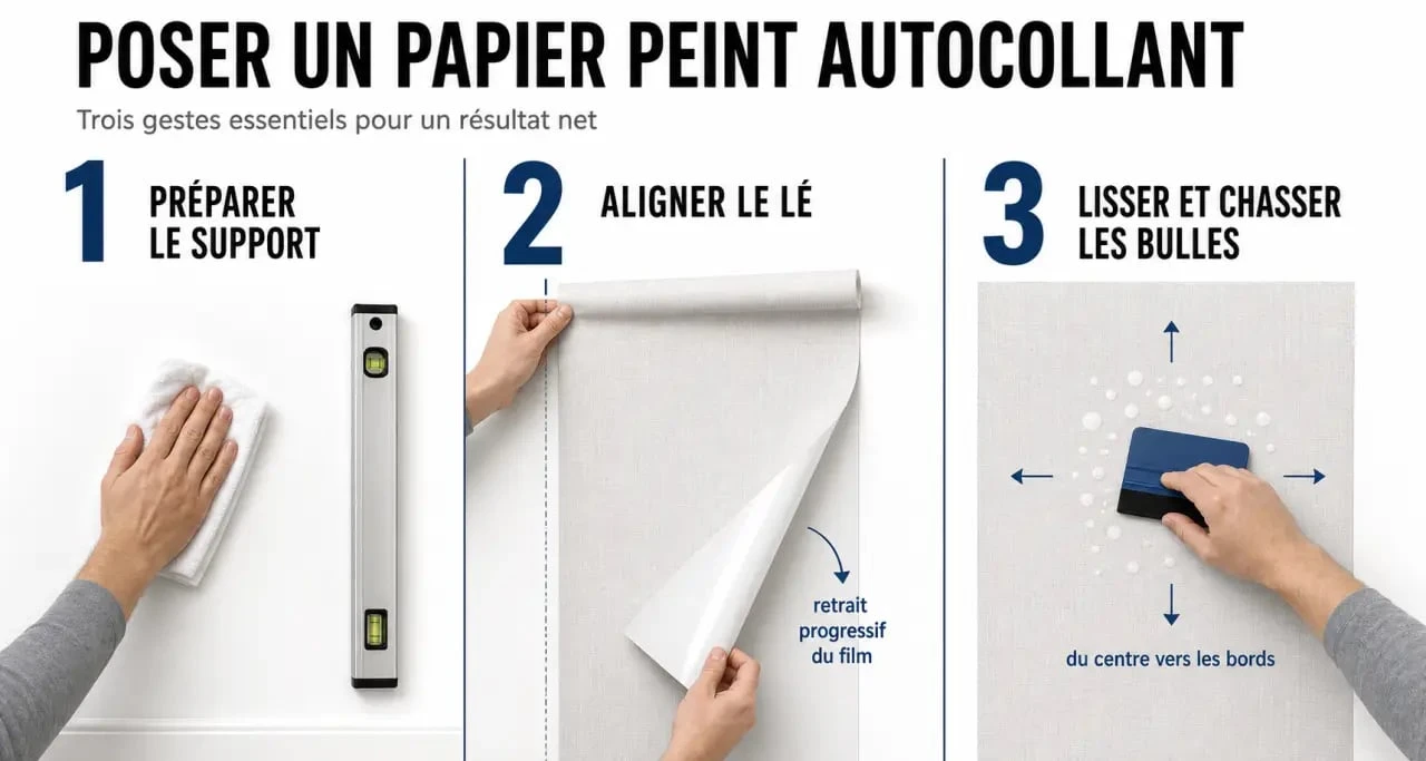 Papier peint autocollant posé sur un mur lisse avec les étapes de pose visibles
