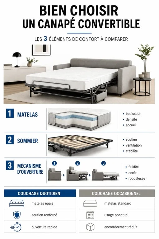 Canapé convertible confortable : infographie éditoriale sur matelas, sommier et mécanisme d’ouverture