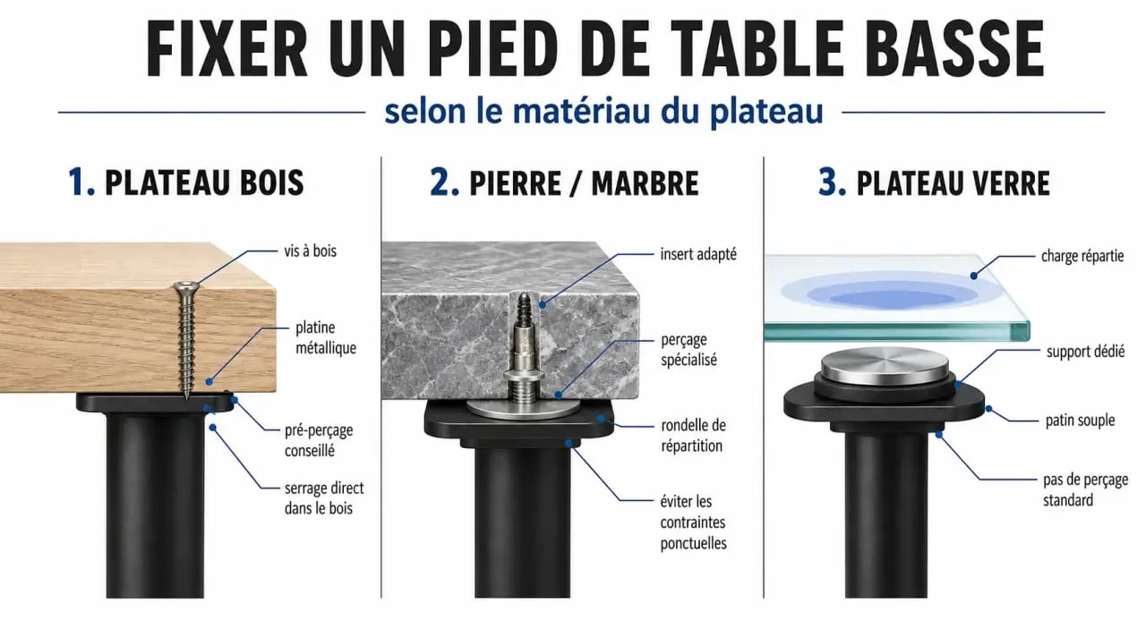 Fixation d’un pied table basse selon le plateau : bois, pierre ou verre