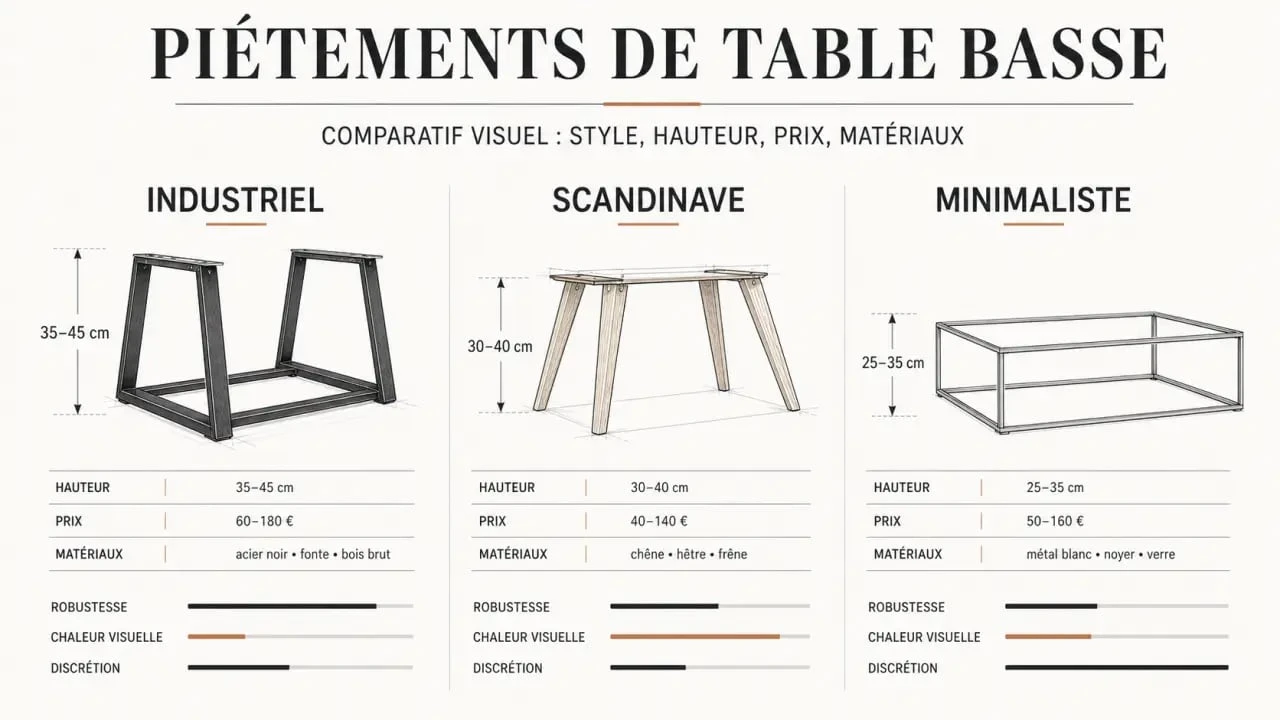 Comparatif des critères pour choisir un pied table basse : style, hauteur, matériau et prix