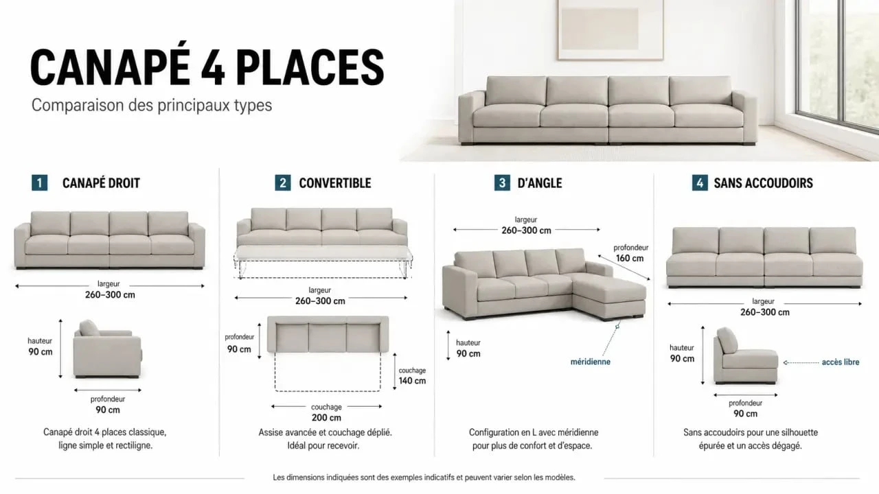 Canapé 4 places : comparaison visuelle des dimensions et des types de canapé