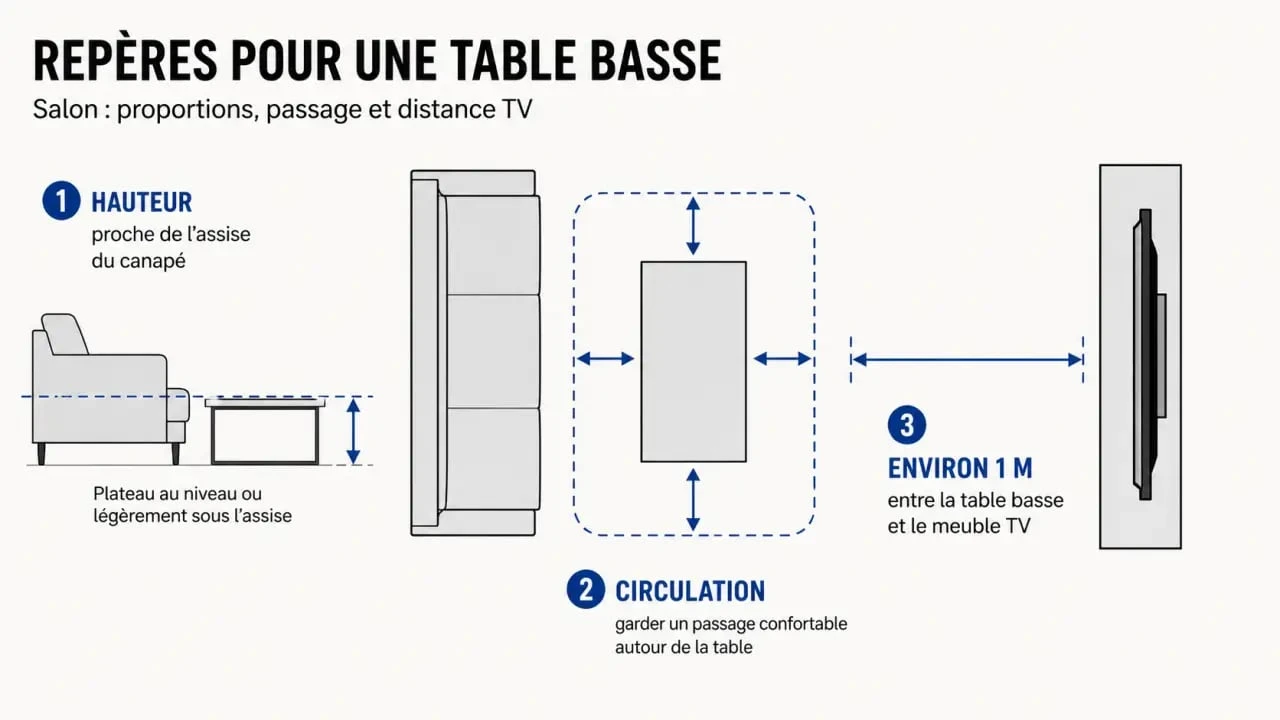 Salon table basse : repères de hauteur et de distance à respecter avec le canapé et le meuble TV
