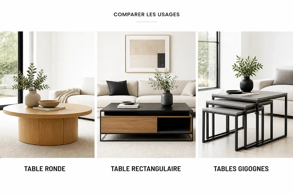 Salon table basse : comparaison visuelle des formes ronde, rectangulaire et gigogne dans un salon contemporain