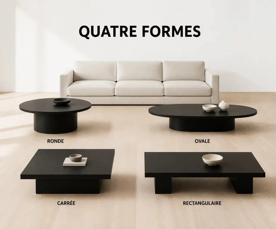 Table basse noire dans un salon contemporain avec plusieurs formes et styles