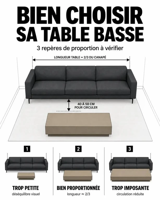 Table basse rectangulaire dans un salon avec repères de proportions entre canapé et table