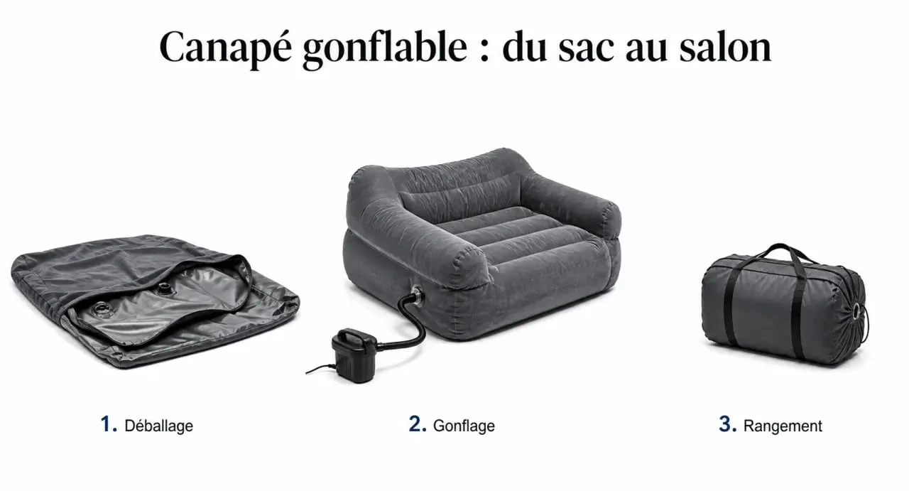 Canapé gonflable en cours de gonflage puis de pliage en trois étapes