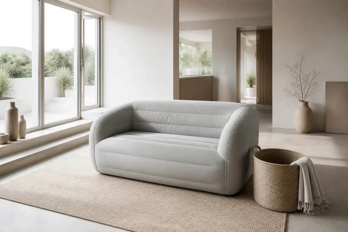 Canapé gonflable dans un petit salon moderne avec terrasse