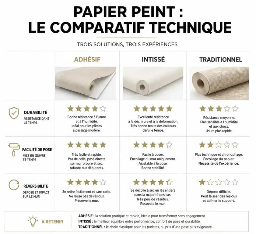 Tableau comparatif des types de papier peint adhésif et traditionnel pour choisir le meilleur revêtement mural
