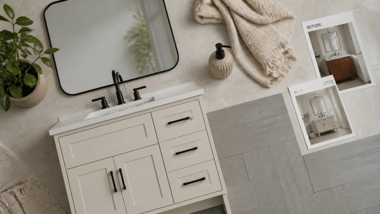 Home staging salle de bain : meuble vasque moderne et sol LVT imitation béton
