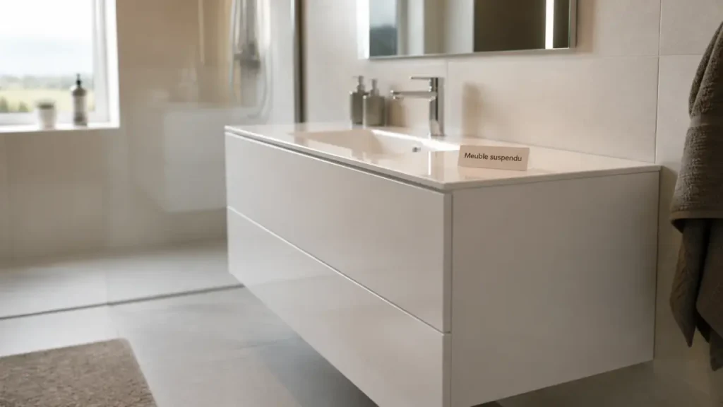Meuble salle de bain suspendu blanc avec vasque intégrée