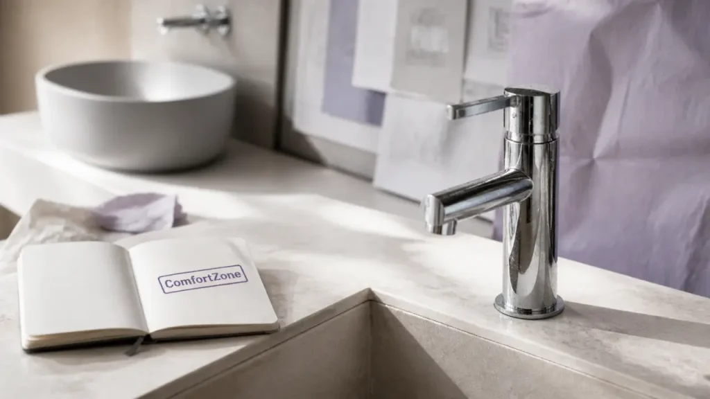 Mitigeur salle de bain chromé sur plage, vue lavabo, design moderne
