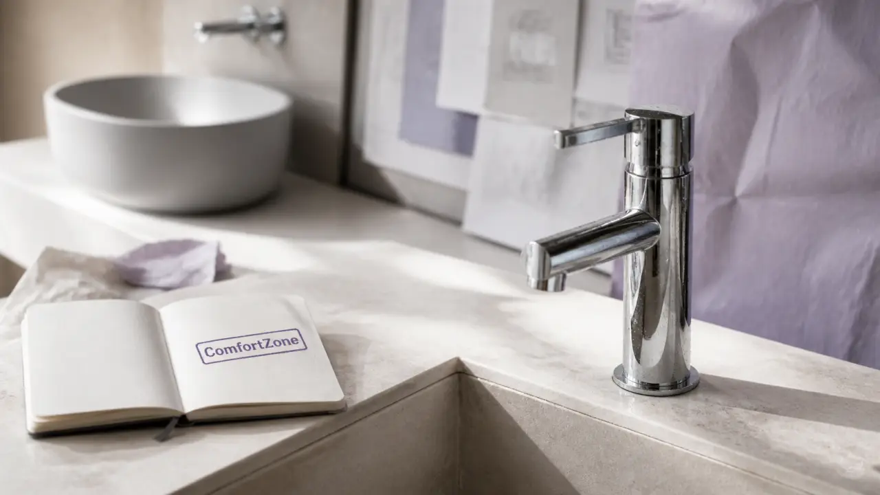 Mitigeur salle de bain chromé sur plage, vue lavabo, design moderne