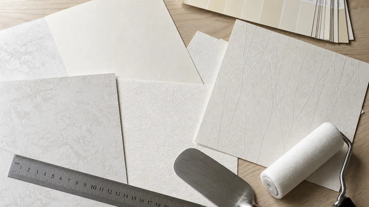 Papier peint blanc : échantillons de nuances et finitions sur table