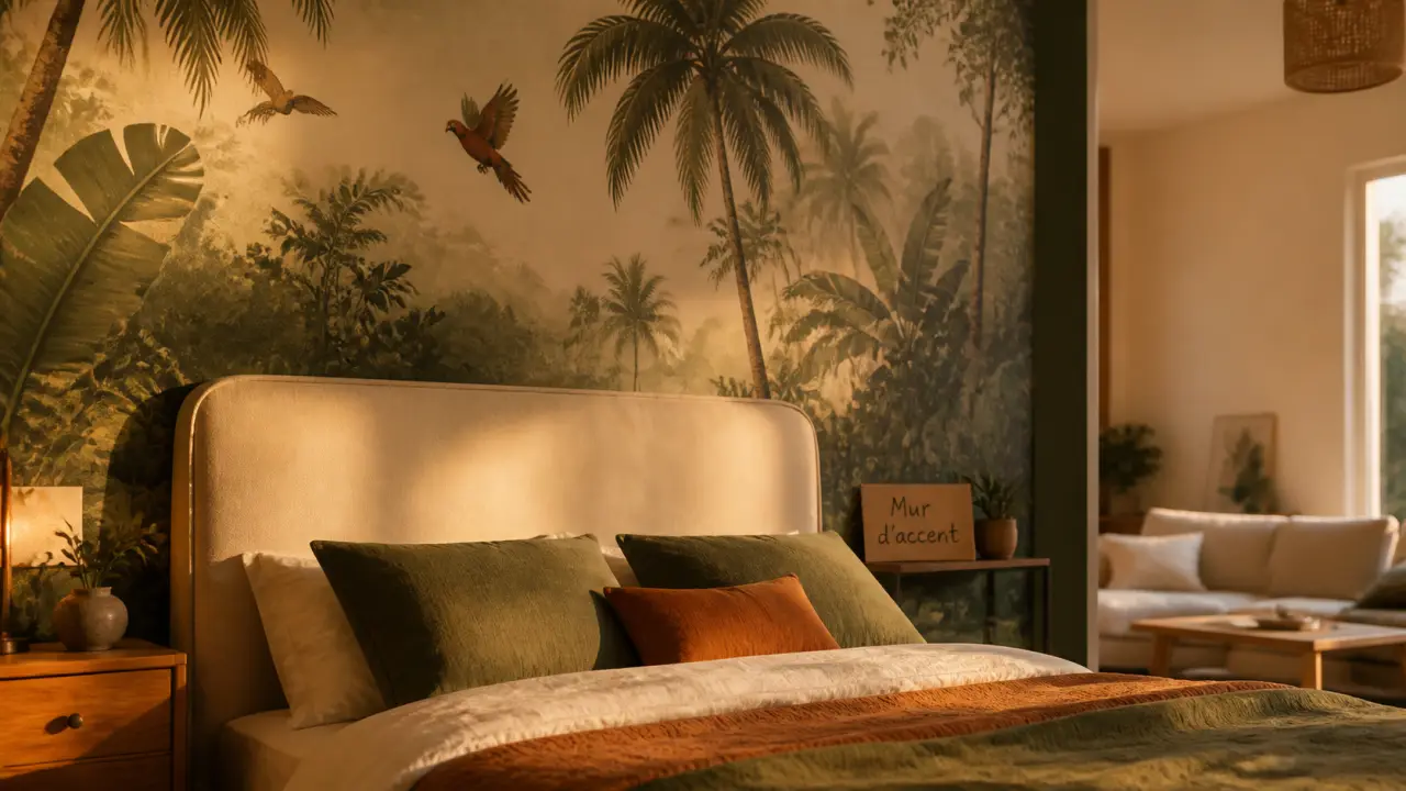 Papier peint jungle sur mur d’accent en chambre lumineuse, palmiers et feuillages verts