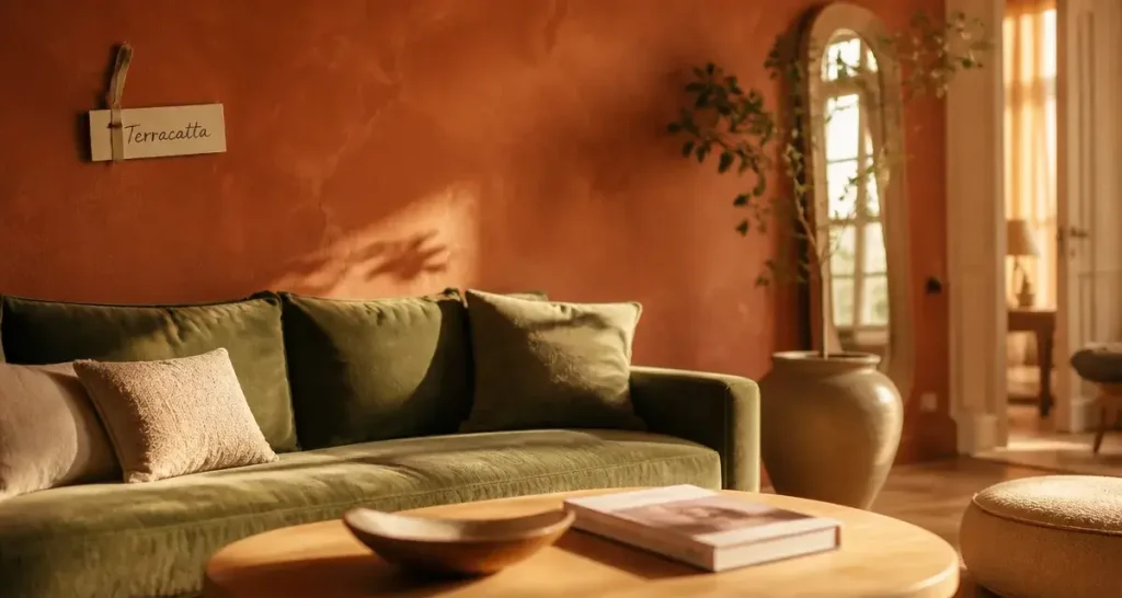 Papier peint terracotta sur mur, salon contemporain doré à la golden hour