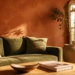 Papier peint terracotta sur mur, salon contemporain doré à la golden hour