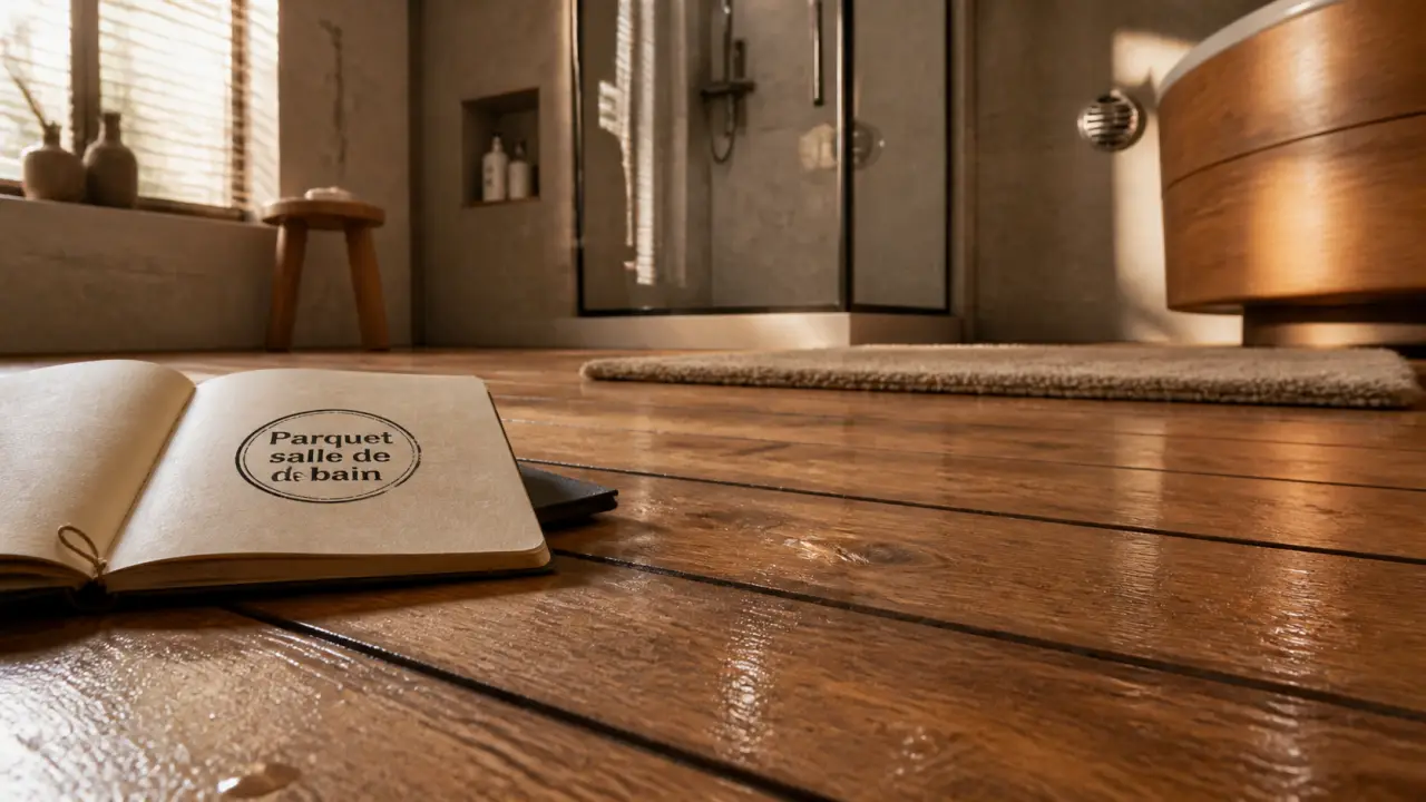 Parquet salle de bain teck en pont de bateau, joints noirs visibles