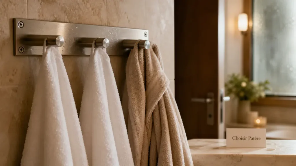 Patère salle de bain inox fixée à vis, serviettes dans la douche