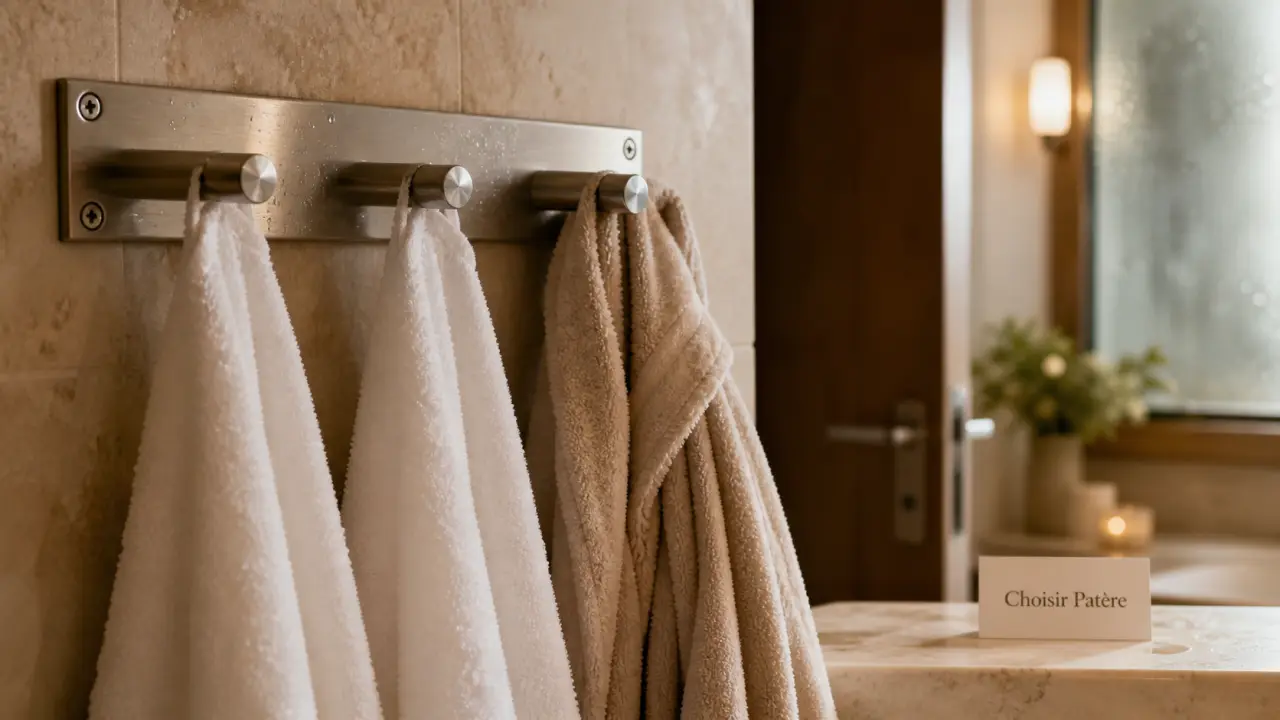 Patère salle de bain inox fixée à vis, serviettes dans la douche