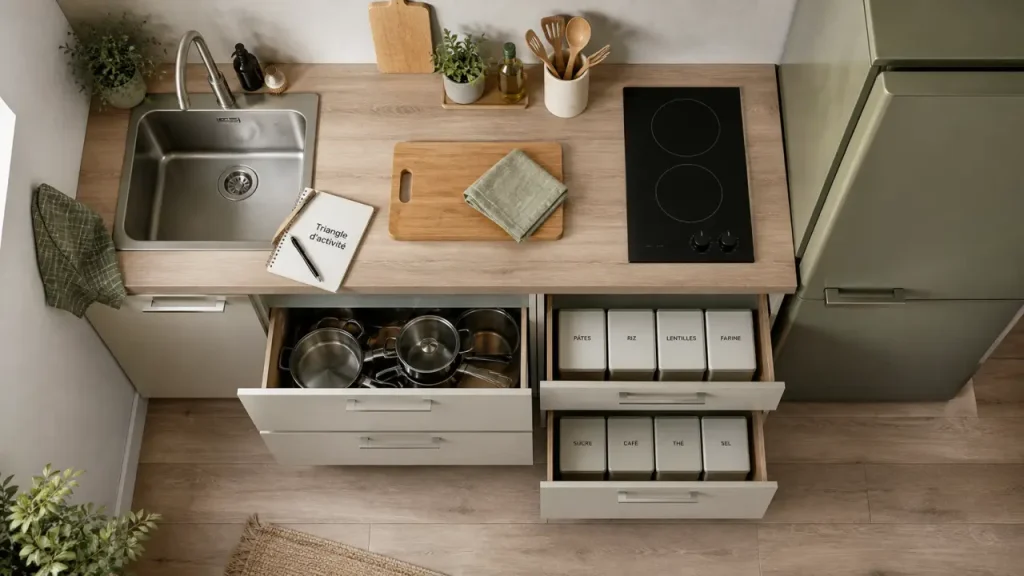 Petite cuisine équipée avec rangement malin et plan de travail dégagé