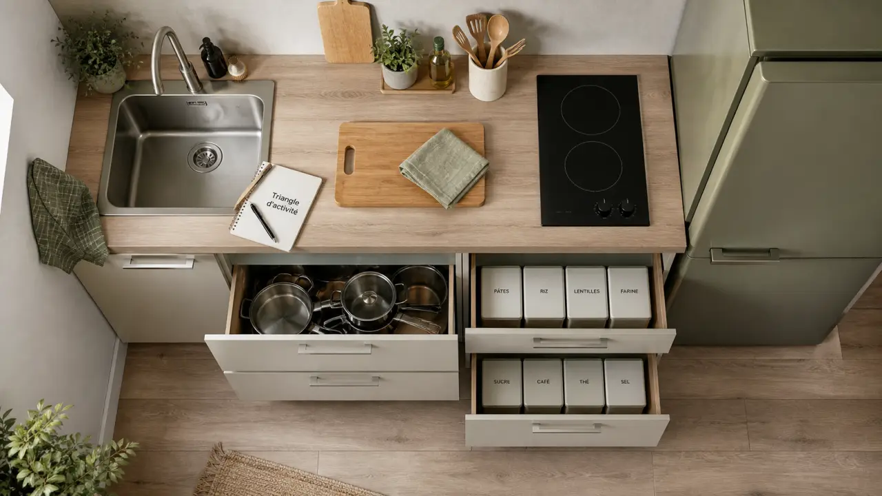 Petite cuisine équipée avec rangement malin et plan de travail dégagé