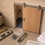 Porte coulissante salle de bain en applique, rail métallique apparent