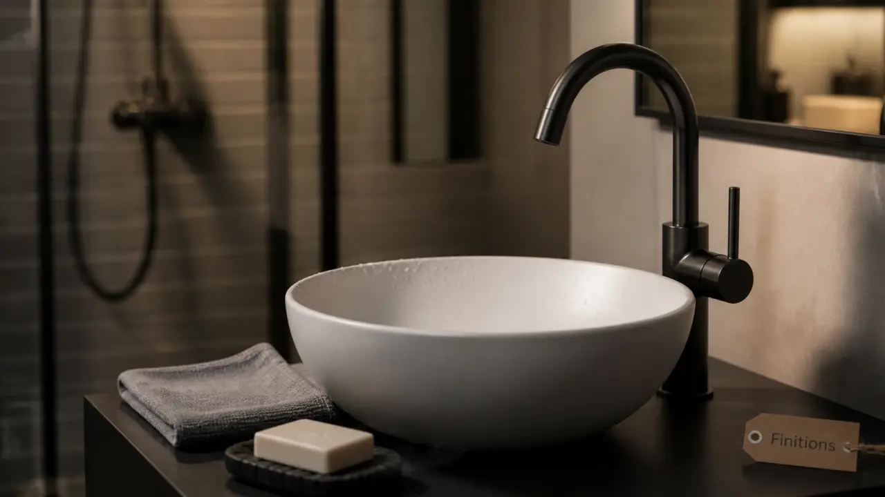 Robinetterie salle de bain noir mat : mitigeur encastré et douche à l’italienne, vue salle de bains contemporaine