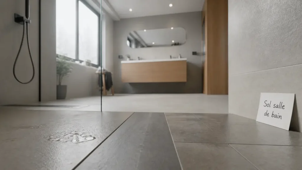 Sol salle de bain : carrelage antidérapant, vinyle et parquet (zones au sol)