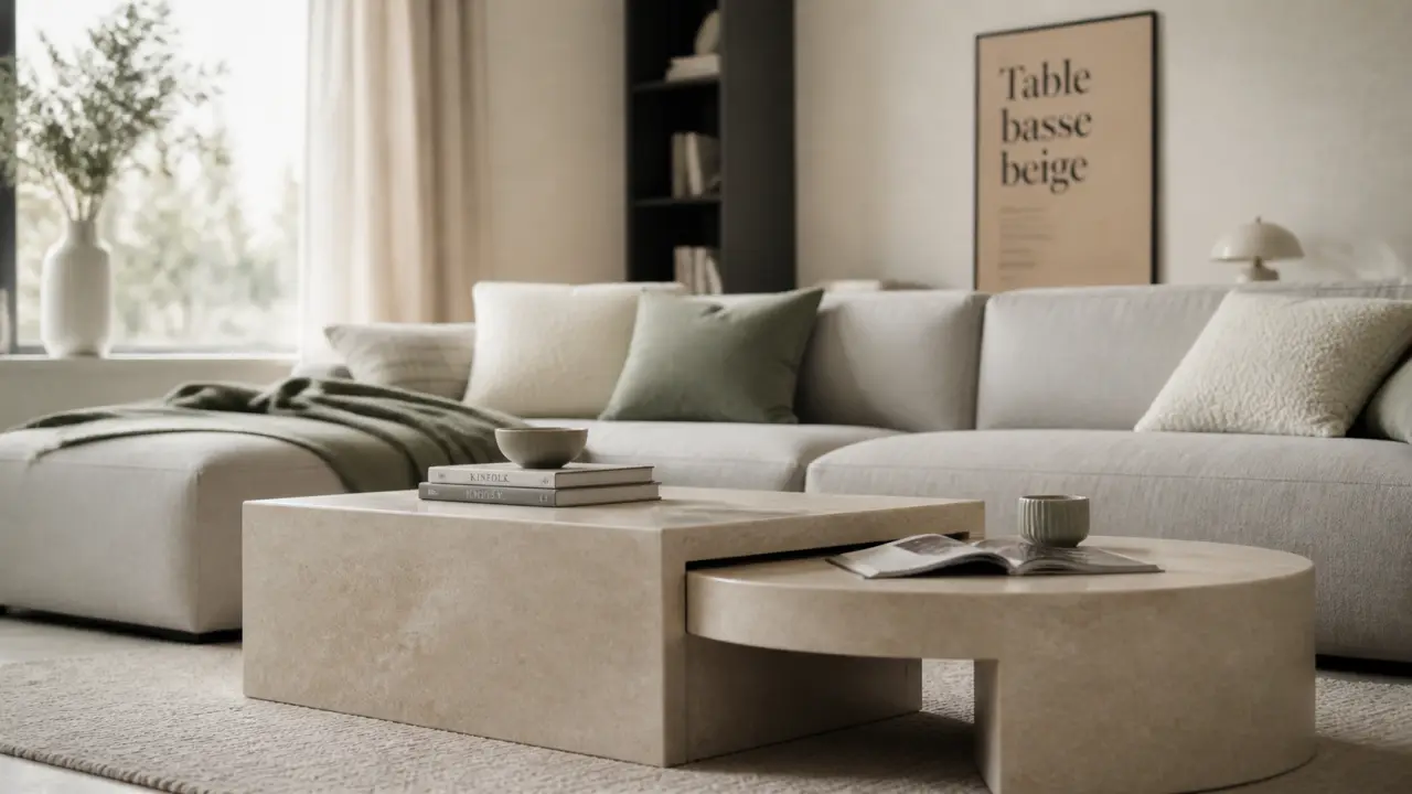 Table basse beige en travertin mat dans un salon lumineux