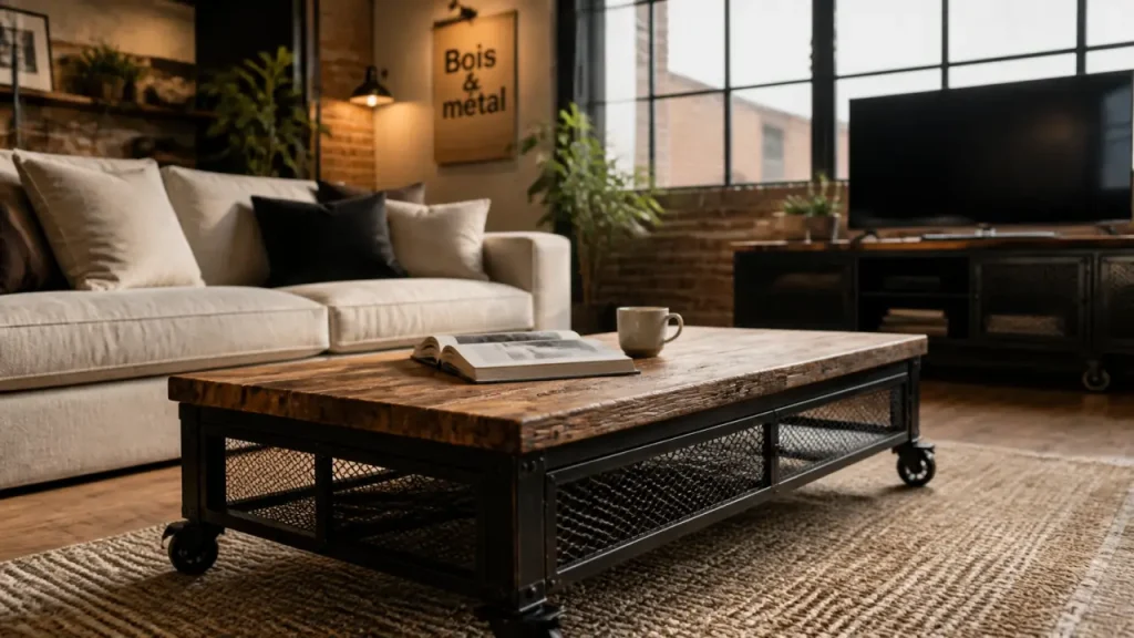 Table basse industrielle bois recyclé et métal noir, salon loft