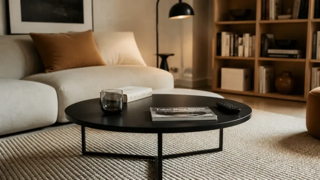 Table basse noire dans un salon, ronde et compacte