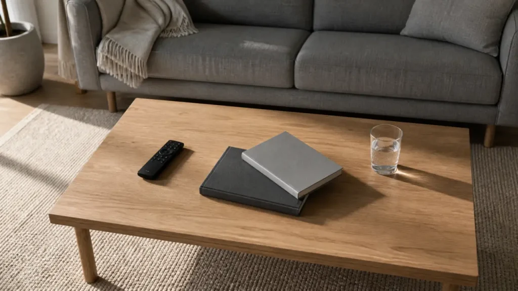 Table basse rectangulaire en chêne clair, salon minimaliste