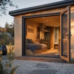 Tiny house plain pied, vue extérieure sur terrain calme au golden hour, sans mezzanine