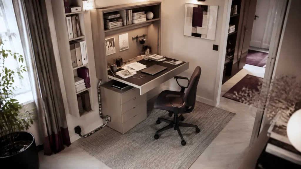 Aménagement bureau professionnel petit espace : bureau mural, rangements et circulation claire