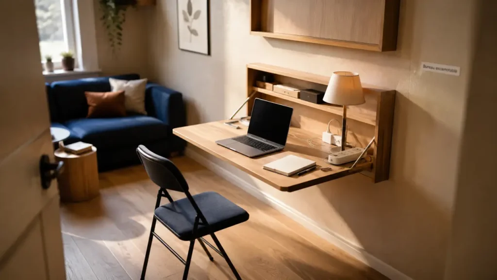 Bureau escamotable mural avec plateau chêne, 75 cm hauteur et 70 cm recul