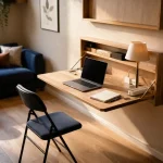 Bureau escamotable mural avec plateau chêne, 75 cm hauteur et 70 cm recul