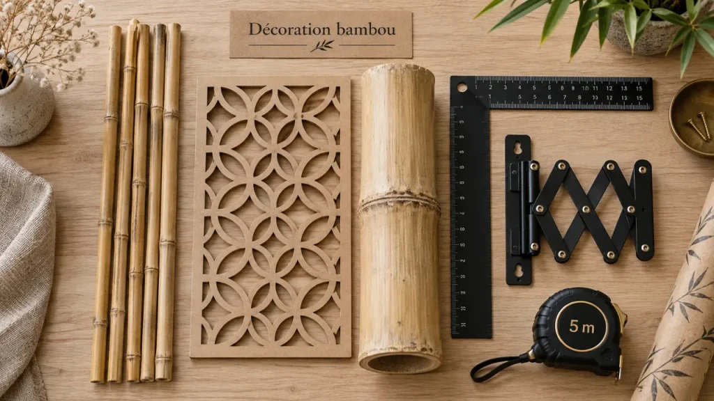 Décoration bambou intérieur : cannes bambou et panneau mural géométrique