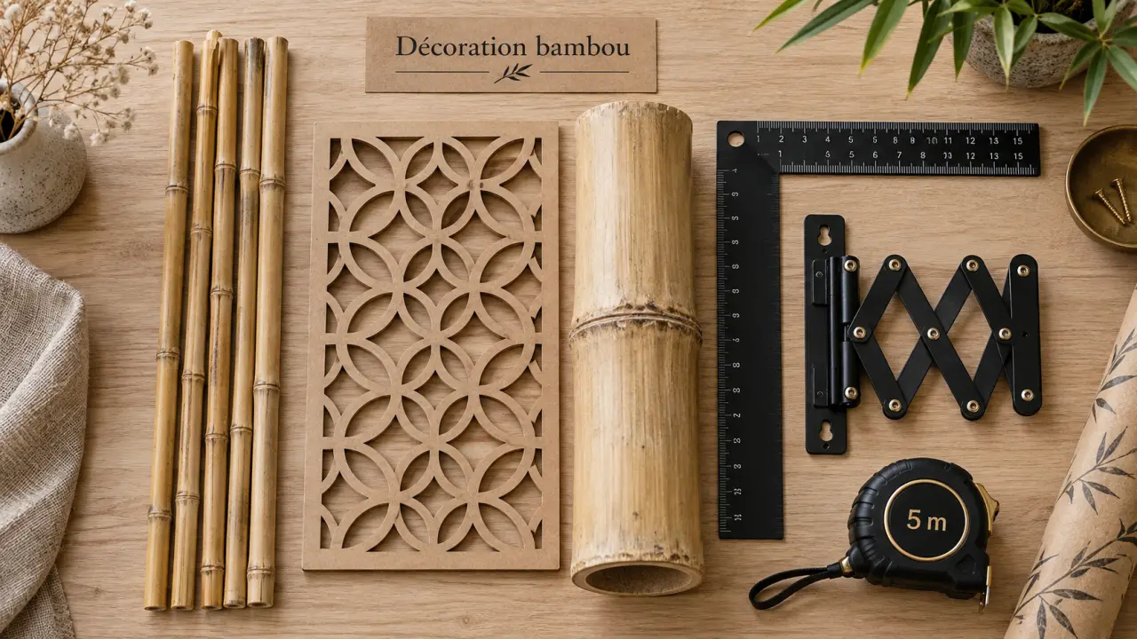 Décoration bambou intérieur : cannes bambou et panneau mural géométrique