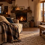 Décoration intérieur chalet bois : salon en bois, tapis laine et plaid flanelle